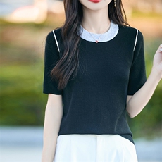时尚撞色短袖t恤女夏季2025新款打底衫洋气大码女装冰丝针织上衣，女装T恤，思牵羊绒