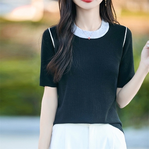 时尚撞色短袖t恤女夏季2025新款打底衫洋气大码女装冰丝针织上衣图片