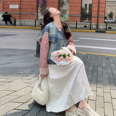 新中式风粉色碎花拼接牛仔外套女春秋2025新款小个子夹克巨好看，女装短外套，2C105