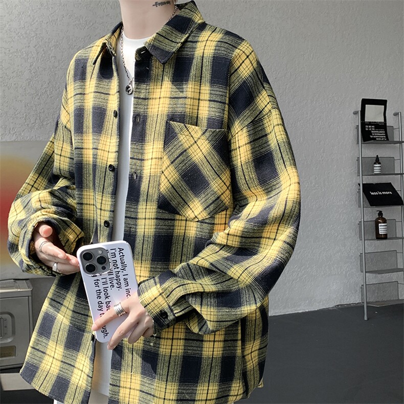 衬衫男春季新款港风宽松大码磨毛格子长袖衬衣CS6638-特P29,男装衬衫,星座214-3