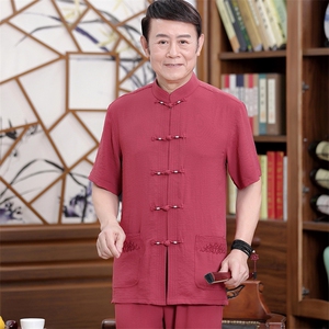 亚麻男装中老年人短袖居士服夏季中式汉服火凤大码爸爸装图片