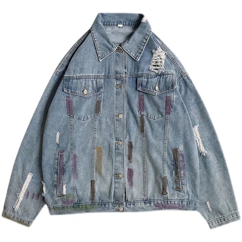 GC0577-P62美式复古扎染破洞牛仔外套男女春秋宽松美式学院风夹克,男装工装外套,电商C233