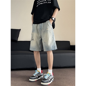 破洞牛仔短裤男新款美式高街vibe设计感水洗宽松FC761 P36图片