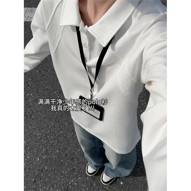 抖音得物高品质美式高街重磅曼巴棉结构螺纹拼接翻领卫衣长袖T恤,男装T恤,电商A486