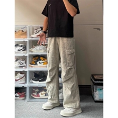 美式vibe风多口袋工装裤男春秋季高街褶皱伞兵裤子宽松直筒休闲裤，男装牛仔裤，星座506A