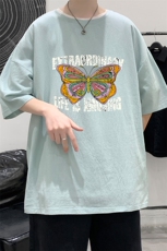 YT26366-P30亚麻短袖t恤男大码五分袖男宽松七分袖大皂风模特，男装T恤，电商A040