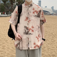 新中式风盘扣花纹短袖衬衫男士夏季复古唐装衬衣潮7008P40，男装衬衫，电商A056