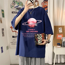 YT26184-P30亚麻短袖t恤男大码五分袖男宽松七分袖海报风，男装T恤，电商A040