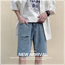 毛边牛仔短裤男宽松夏季破洞五分裤潮牌大裤衩薄款5分马裤F0222，男装牛仔裤，星座208-5