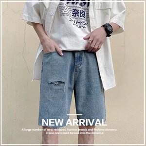 毛边牛仔短裤男宽松夏季破洞五分裤潮牌大裤衩薄款5分马裤F0222图片