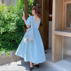 蓝色简单大方的连衣裙女夏季2025新款法式气质少女泡泡袖公主裙子，女装连衣裙，2C159