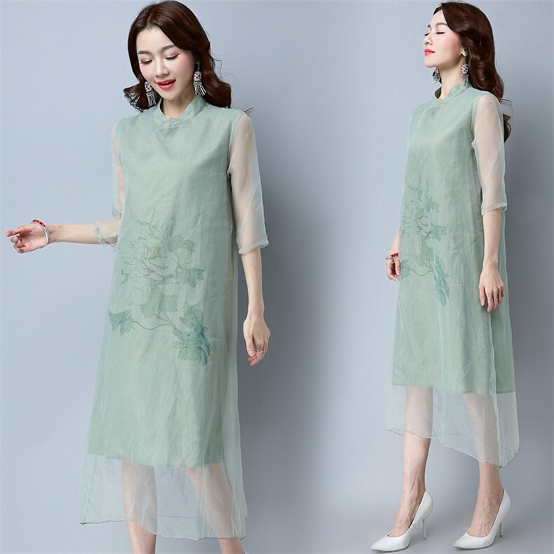 立领通勤连衣裙2021年夏季长裙印花韩版纱网长裙潮流纯色，女装连衣裙，独衣靓