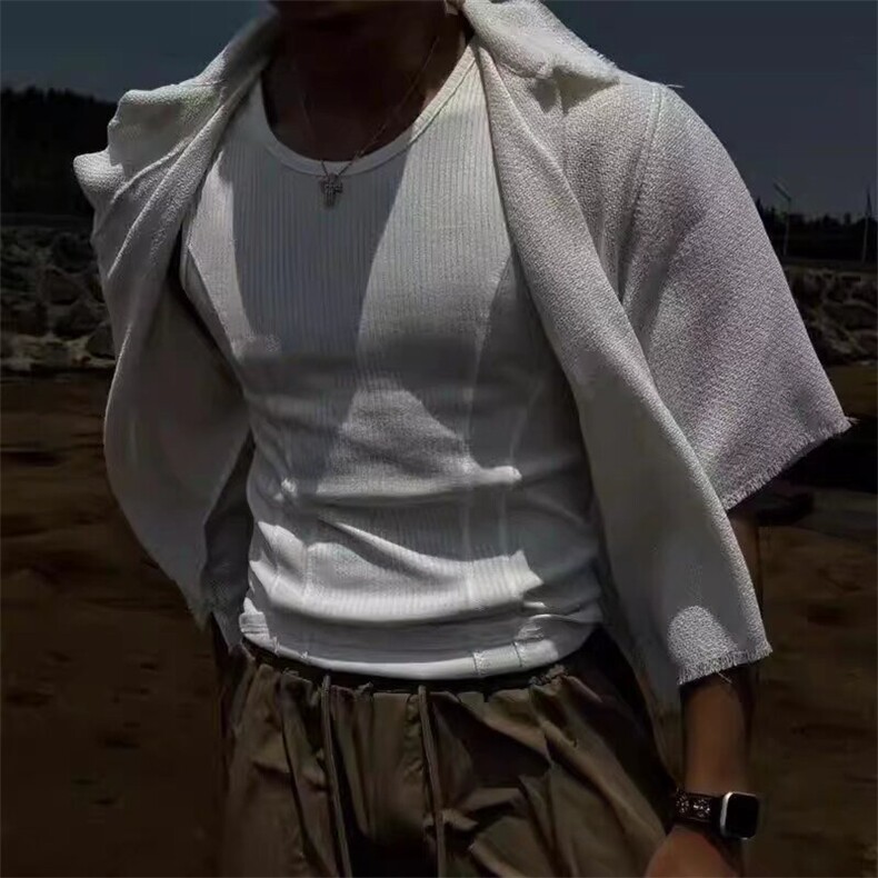 美式背心男修身夏季螺纹竖条纹紧身弹力拼接健身圆领坎肩无袖背心,男装背心/马甲,星座506A