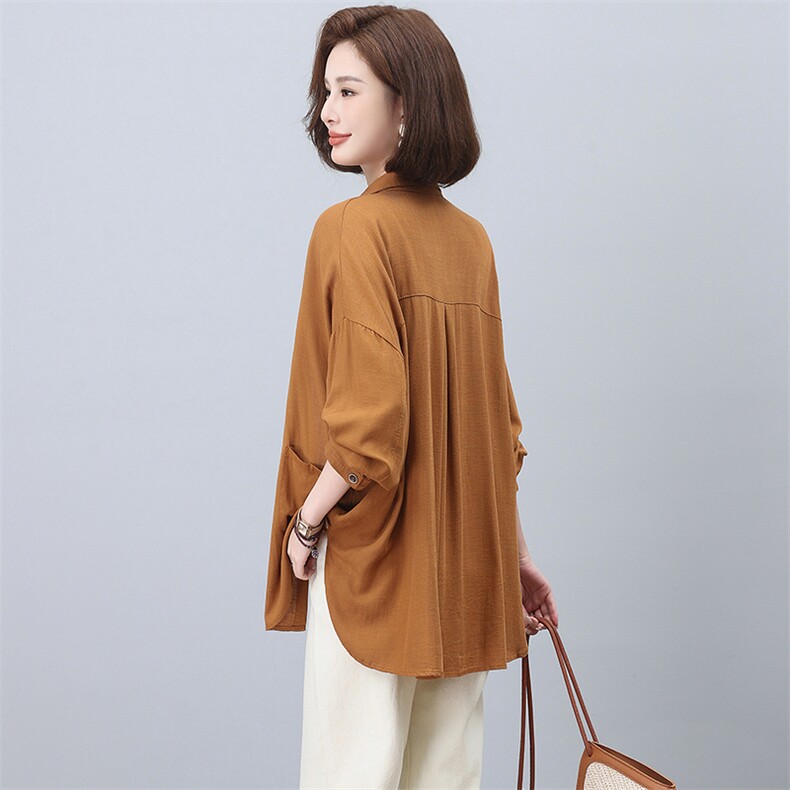 亚麻长袖衬衫女春秋2025年新款中年妈妈大码宽松休闲百搭衬衣上衣,女装衬衫,忆绮罗