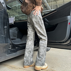 美式高街vibe风迷彩扎染皮裤情侣款直筒微喇裤XZ610A-1-K822-P65，男装皮裤，星座610A-1