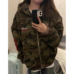 迷彩连帽卫衣外套女秋季刺绣拉链开衫重磅宽松情侣上衣W226