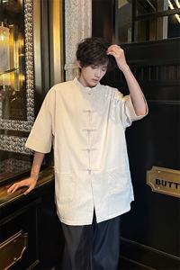 8XL-M 新中式衬衫男中山装麻棉风复古中袖衬衣唐装CS527P60图片