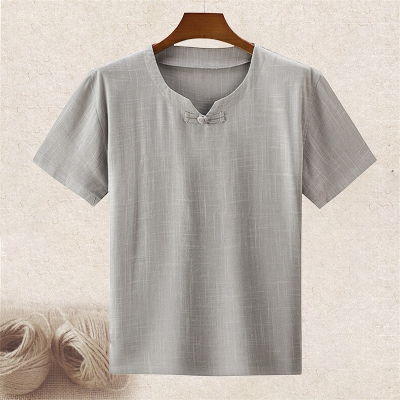 主推夏中老年风唐装亚麻爸爸装透气薄款短袖T恤男士大码，男装T恤，钱塘723