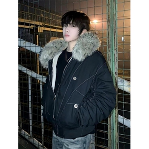 短款棉衣座山雕大毛毛领男女棉服水洗工装厚外套M916