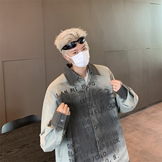 2024新美式高街衬衣做旧百搭字母印花长袖衬衫男女现货W8335-P42，男装衬衫，星座512-4