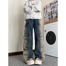 B221美式ins高街重工艺宽松做旧工装牛仔裤子LK23143-P80控108，男装牛仔裤，电商B221
