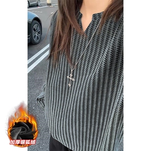 雪尼尔450g重磅鱼骨纹V领加厚银狐绒T恤男T24536J加绒-特P30控58图片