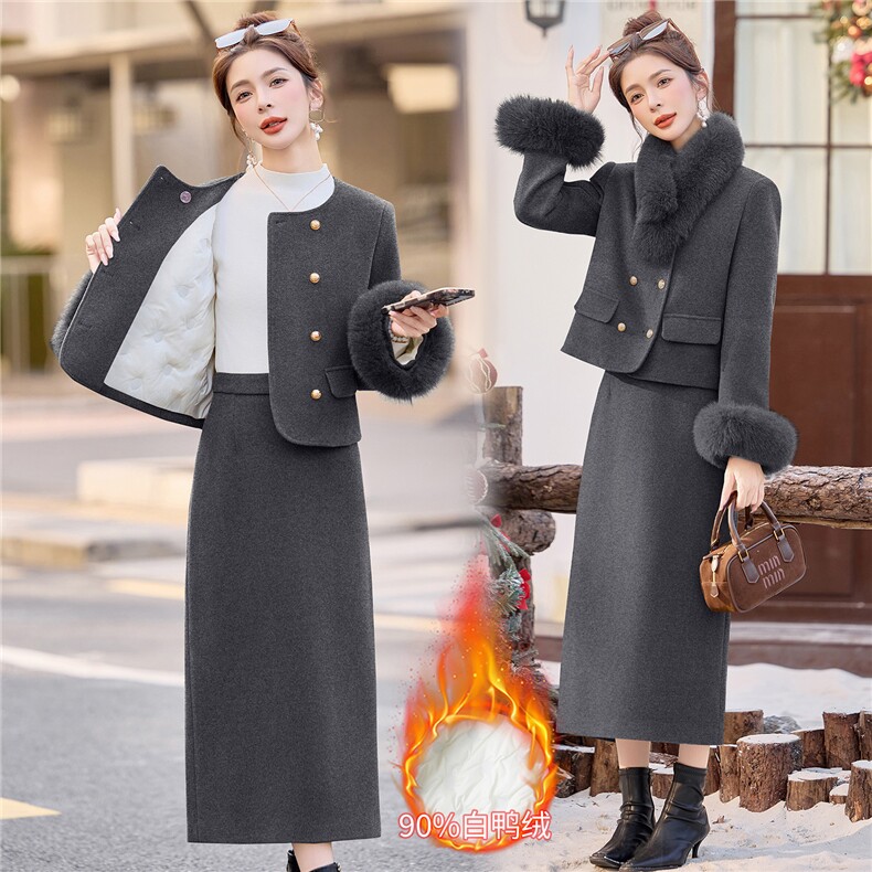 2026年冬季90羽绒服套装韩版真狐狸毛袖口领子淑女通勤保暖两件套,女装棉衣/棉服,众宇琦