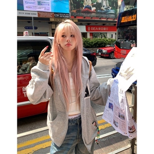 美式复古人像印花贴布连帽卫衣男女宽松休闲百搭帽衫外套 WB6003图片