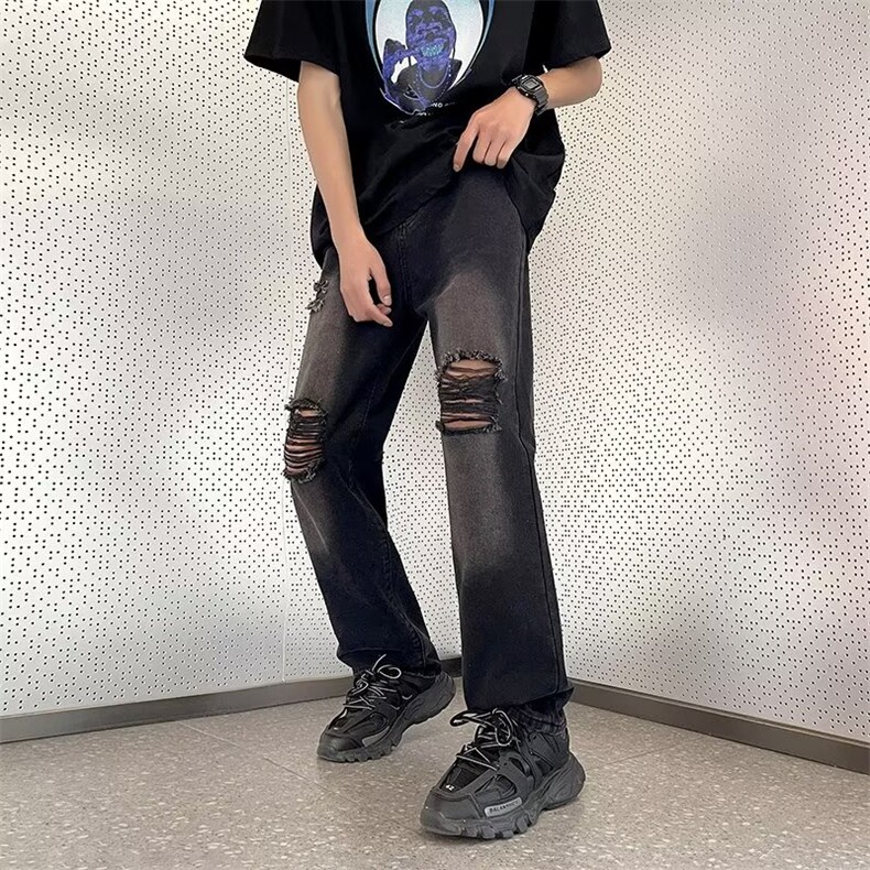 破洞牛仔裤男韩版潮流高街帅气2023夏季新款ins宽松长裤RK516-P39,男装牛仔裤,星座412-3