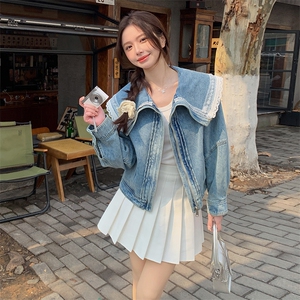 港风甜美蕾丝拼接牛仔外套女小个子2025春季新款短款钉珠翻领上衣图片