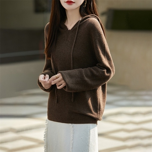 25秋冬100%羊毛衫女连帽长袖宽松显瘦休闲减龄毛衣羊绒针织衫打底图片