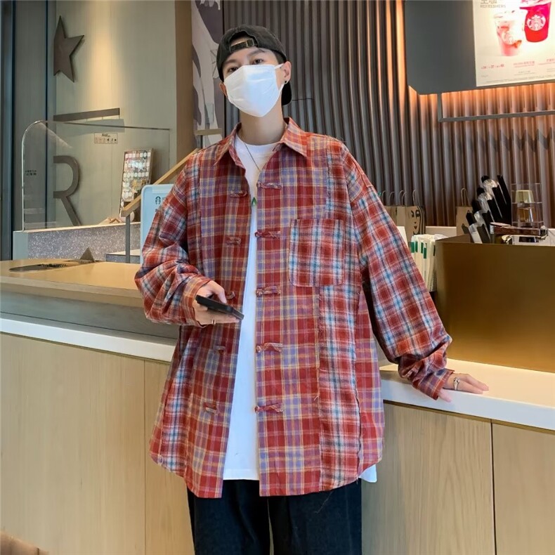 时尚复古风格子衬衫长袖男女宽松春秋季休闲情侣潮盘扣衬衣C453,男装衬衫,星座601-2