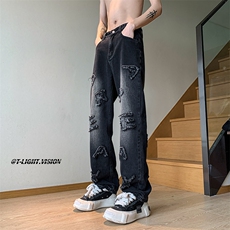 B221美式ins高街小众立体毛边字母直筒牛仔裤LK23025-P60控78，男装牛仔裤，电商B221