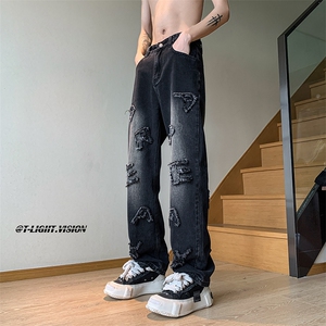 B221 美式ins高街小众立体毛边字母直筒牛仔裤 LK23025-P60 控78图片