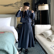 新品深蓝色小香风毛呢套装两件套7680-P195-K298，女装套装/套裙，2C159