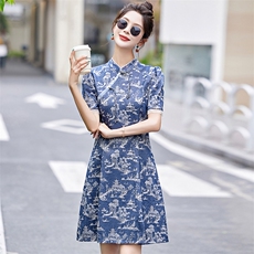 新中式提花牛仔连衣裙女2024夏季新款收腰显瘦轻国风改良旗袍裙子，女装连衣裙，涵墨