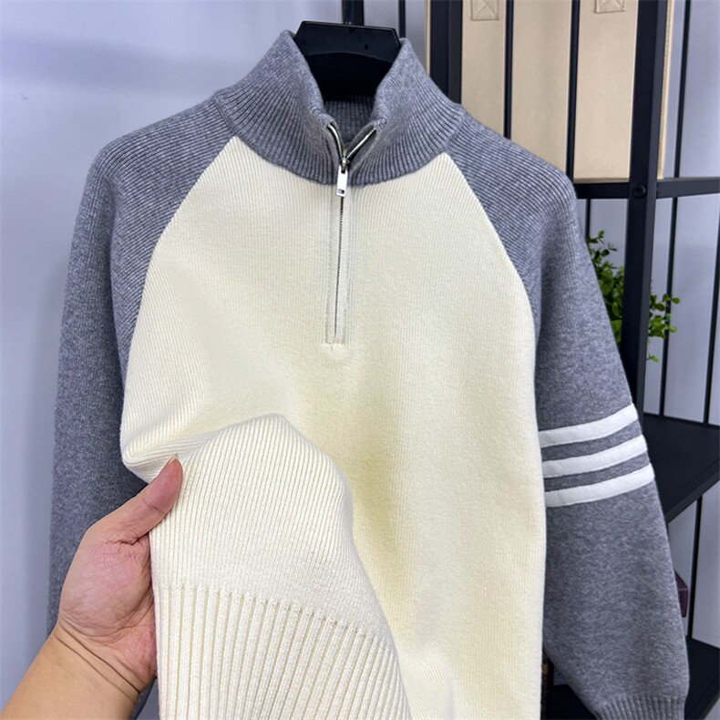 网图76303-P70加厚毛衣男半拉链加厚宽松针织打底衫男拼接撞色,男装针织衫/毛衣,电商D310B