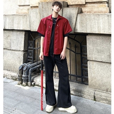 （自家图）红色拉链垫肩短袖衬衫男夏季薄款衬衣小众2301-P38，男装衬衫，星座910-5