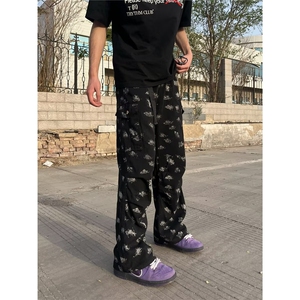 美式风泼墨印花直筒牛仔裤男女高街潮流休闲垂感百搭阔腿裤子图片