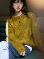 法式克莱因蓝麻花套头宽松外穿针织衫慵懒复，女装针织衫/毛衣，半城羊绒