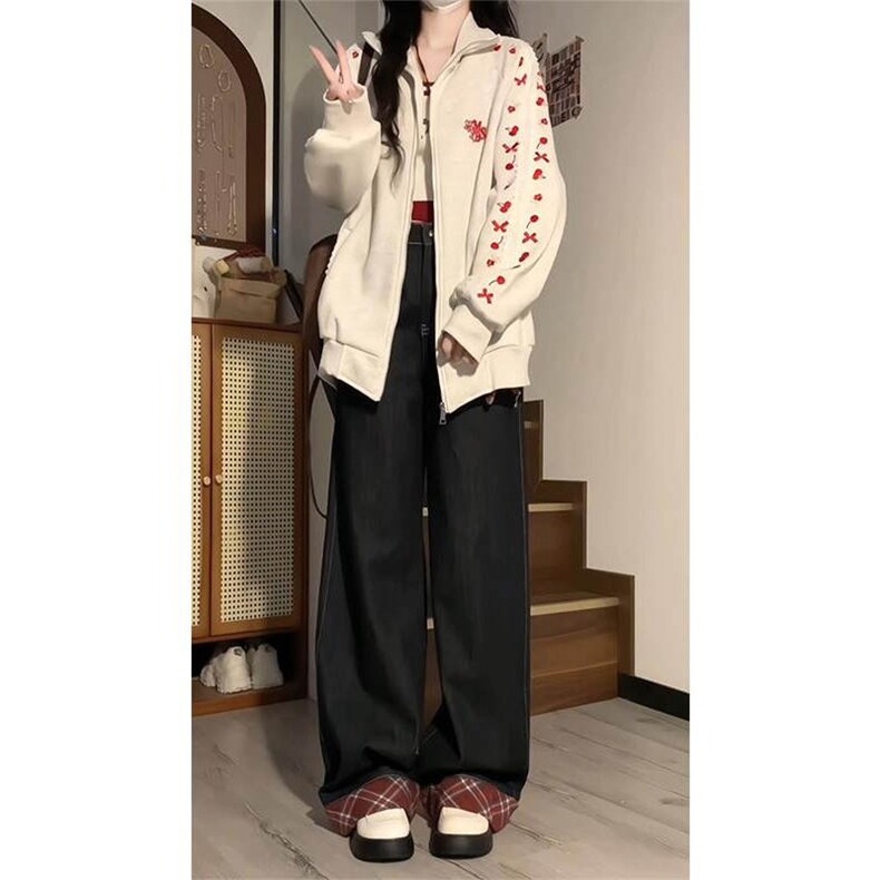 小花刺绣卫衣开衫男女新款2025宽松bf美式学院风外套WB605-P61,女装短外套,星座412-3