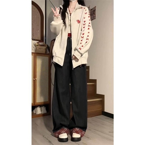 小花刺绣卫衣开衫男女新款2025宽松bf美式学院风外套WB605-P61图片