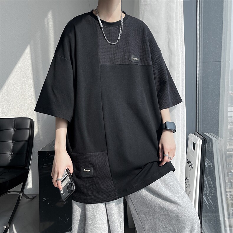 7XL-M美式纯短袖T恤男2023夏季新款ins潮拼接宽松体恤加肥加大,男装T恤,钱塘717(原712)