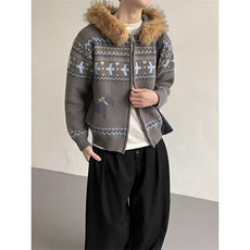 重磅北极绒座山雕毛衣外套冬美式复古休闲慵懒风大毛毛领针织开衫，男装针织衫/毛衣，电商A443