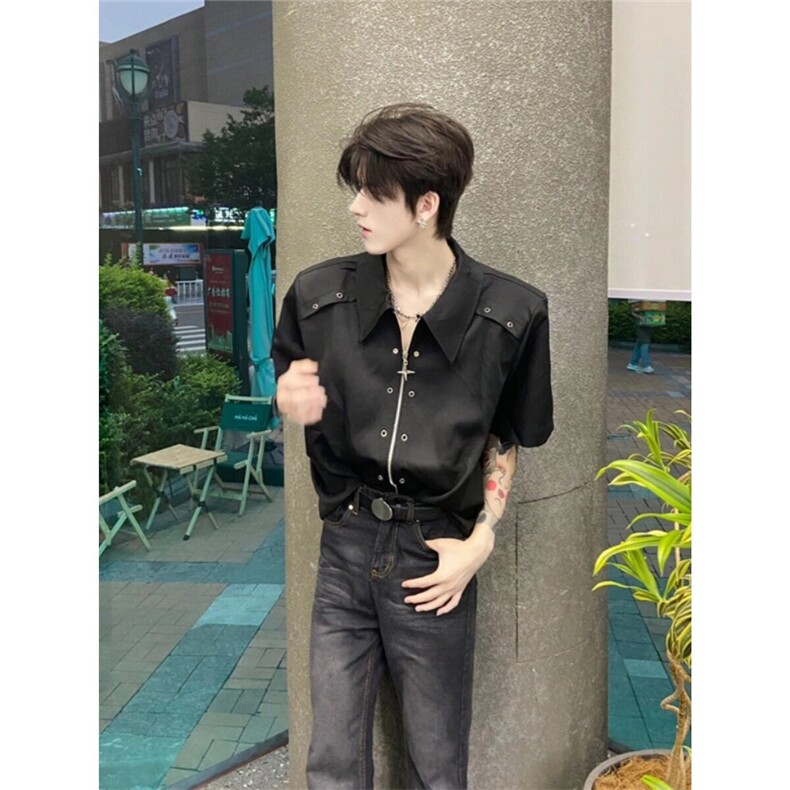 夏季小众金属解构设计感垫肩衬衫男女高级感痞帅宽松拉链短袖衬衣图片