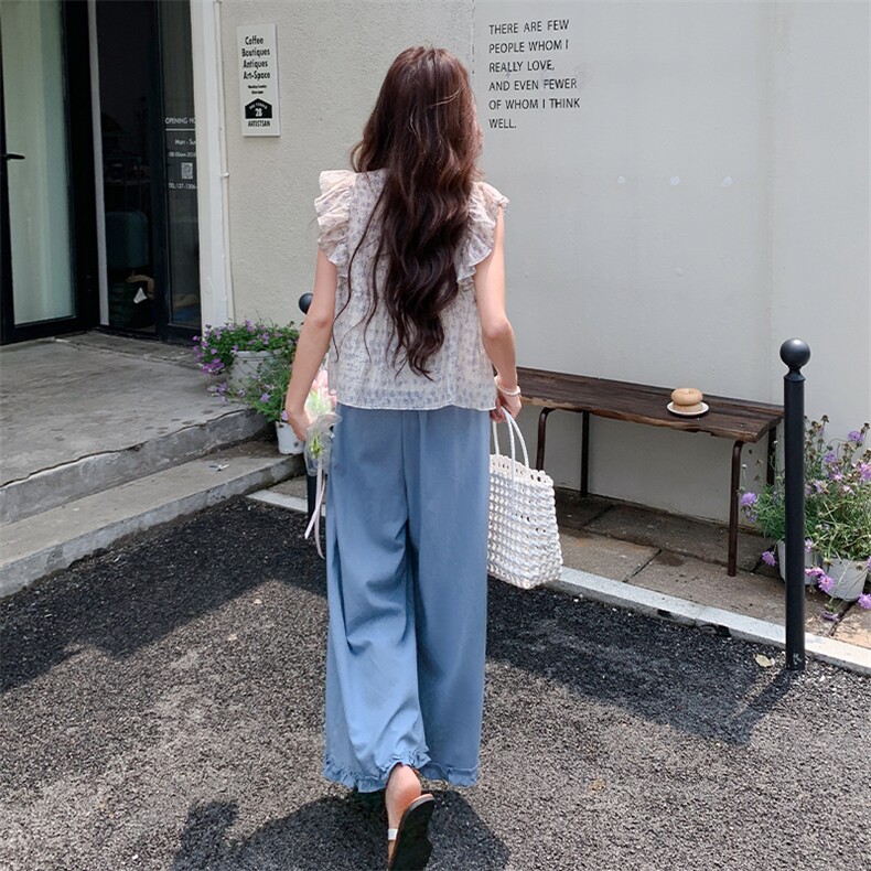 甜美减龄荷叶边V领上衣套装女2025年夏季新款松弛感阔腿裤两件套,女装套装/套裙,浙宝220