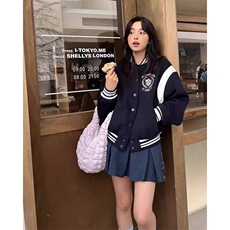 F240120-P98秋季撞色字母刺绣棒球服外套男女毛呢宽松立领夹克，女装短外套，星座617A-2