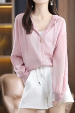 2025夏新款连帽冰丝拉链开衫女针织罩衫薄泡泡袖防晒开衫宽松外搭，女装防晒衣，丽特绒