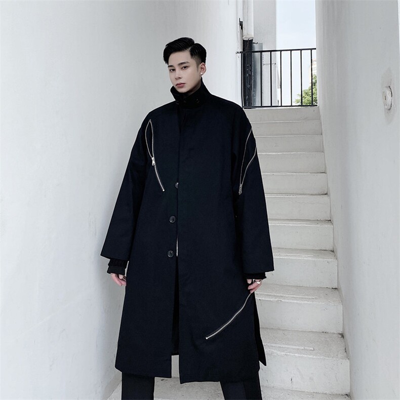 山本暗黑风拉链装饰中长款风衣小众走秀款工装外套A452-H22，男装风衣，电商A452