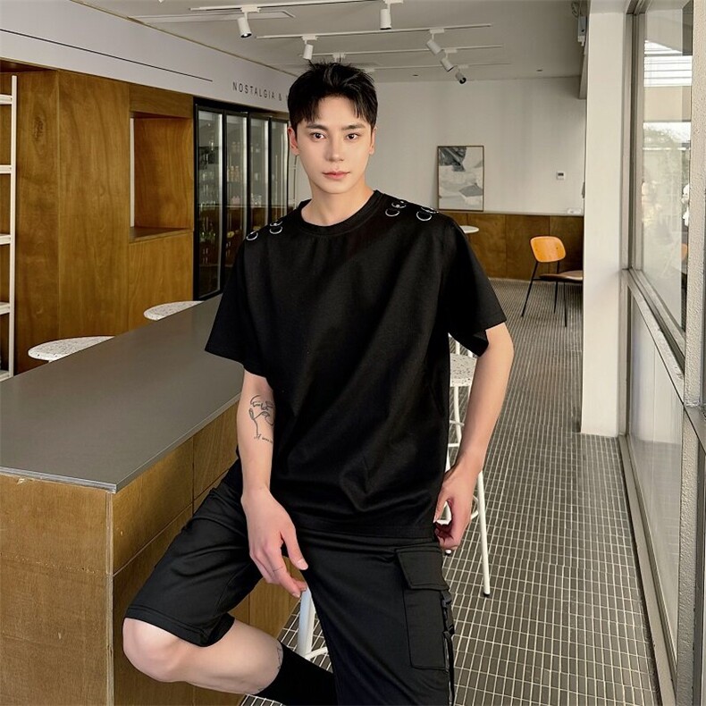 夏季小众金属半环设计感短袖T恤男宽松休闲简约痞帅半袖600-P80,男装T恤,电商A345